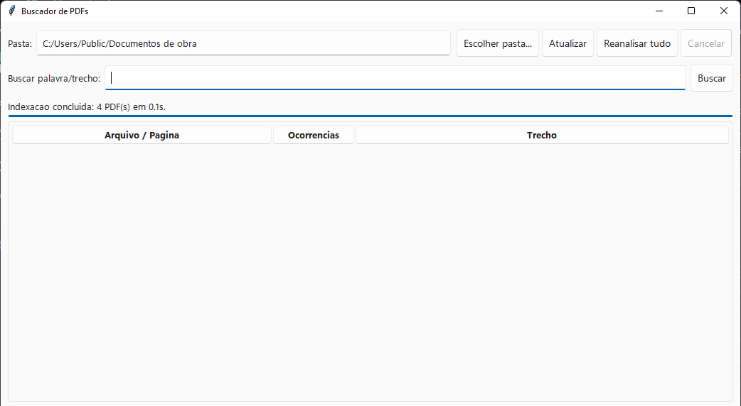 Barra de progresso cheia e a mensagem: indexação concluída, 4 PDFs em 0,1 segundo.