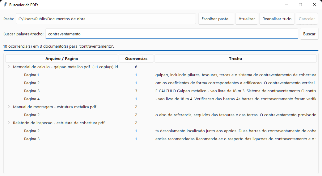 Janela do programa: a busca por "contraventamento" devolveu 10 ocorrências em 3 documentos, cada um aberto nas páginas onde o termo aparece, com um trecho de contexto.