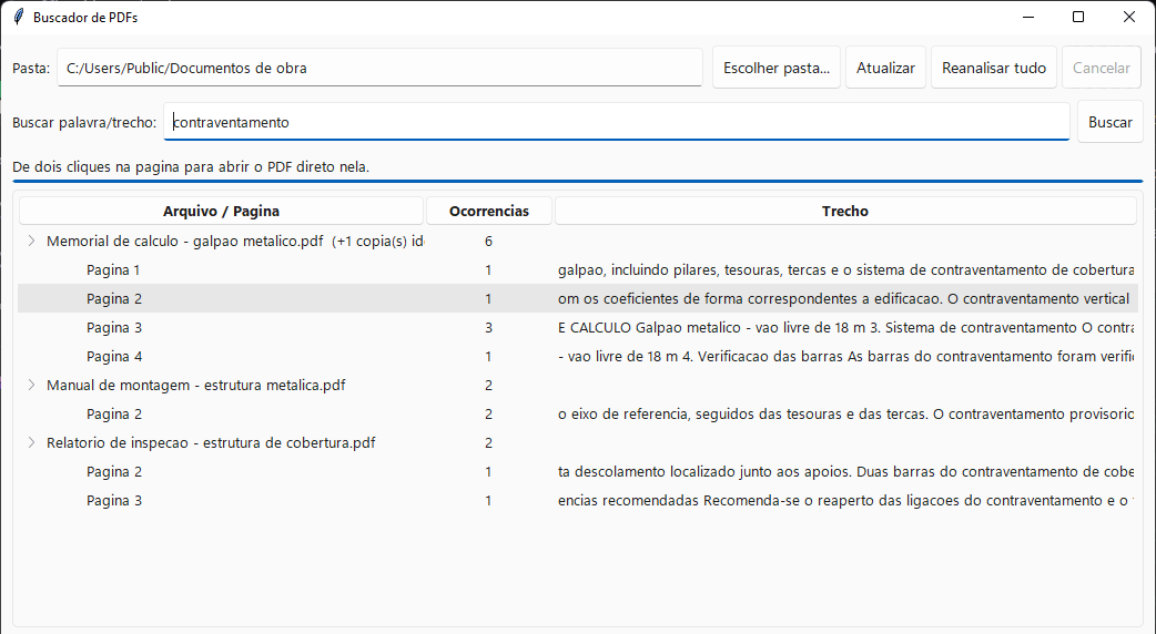 A linha da página 2 aparece selecionada na lista, pronta para o duplo-clique que abre o PDF nela.